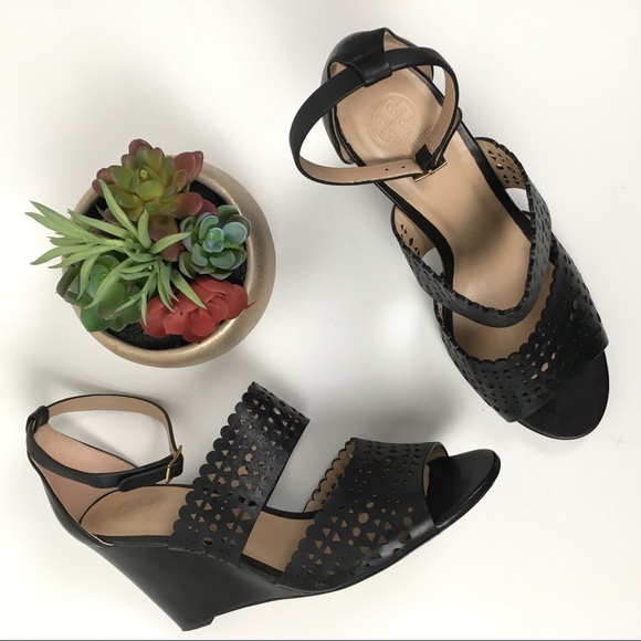 Tory Burch Shoes - Tory Burch Black Laser Cut Wedge Sandals 9.5